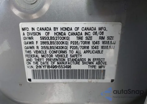2006 Honda Pilot Ex from USA, damaged, VIN 2HKYF18496H553496